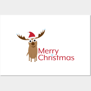 Merry Christmas with Cute Cartoon Deer Posters and Art